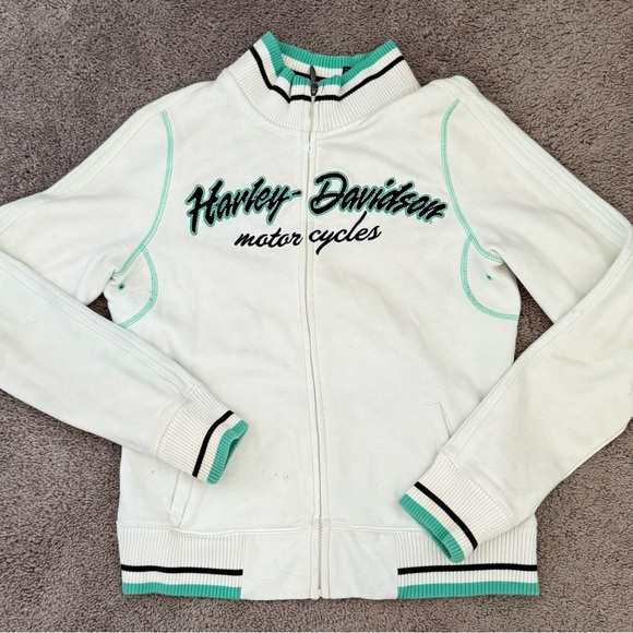 Harley-Davidson Women's White Bomber Jacket with Green Trim - Picture 1 of 2